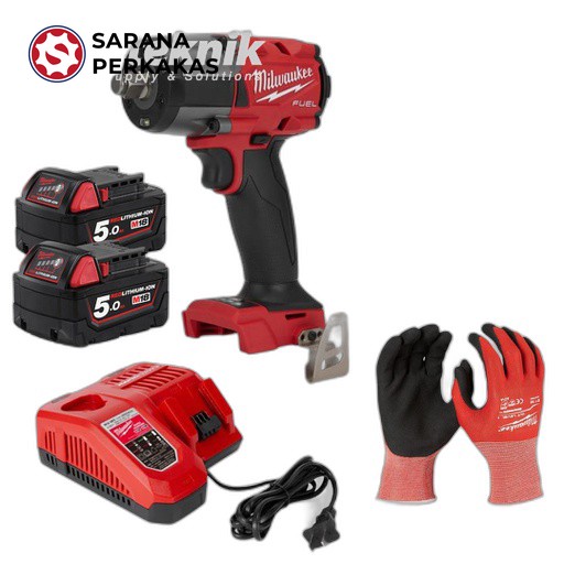MILWAUKEE M18 FUEL 1/2 Inch Mid-Torque Impact Wrench Set Battery-Charger-Gloves (M)-Safety Glasses