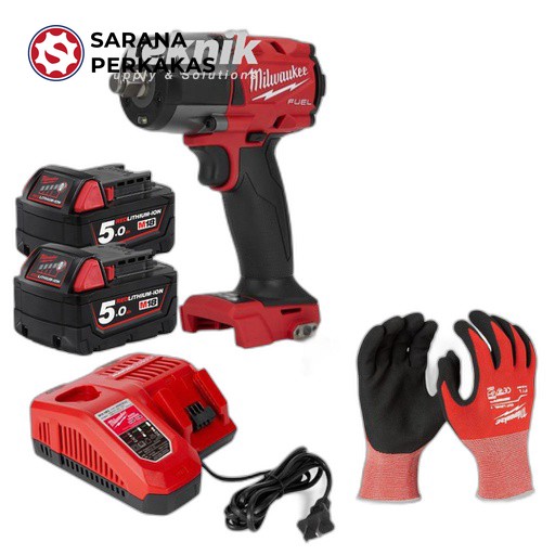 MILWAUKEE M18 FUEL 1/2 Inch Mid-Torque Impact Wrench Set Battery-Charger-Gloves (L)-Safety Glasses